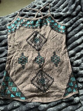 Embellished Taupe Camisole with Teal Geometric Accents